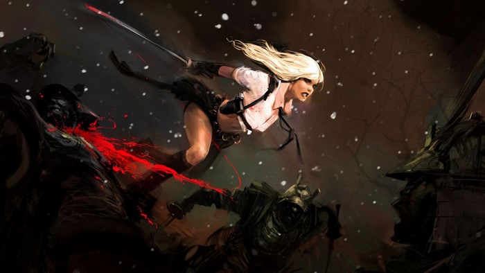 Blonde warrior fighting samurai with blood splatter