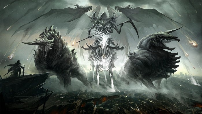 Death on a pale horse with monstrous beasts