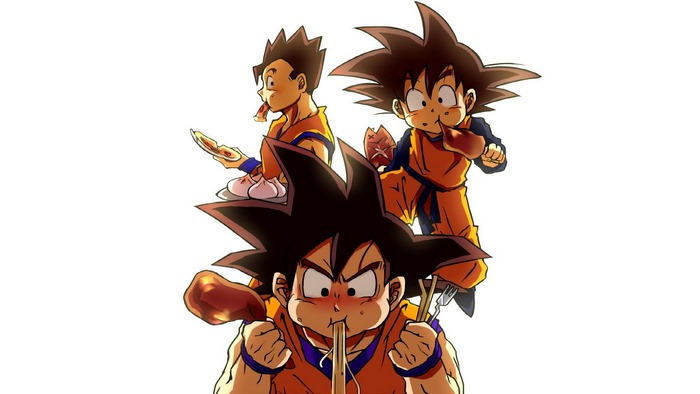 Son Goku, Son Gohan, and Son Goten from Dragon Ball Z eating