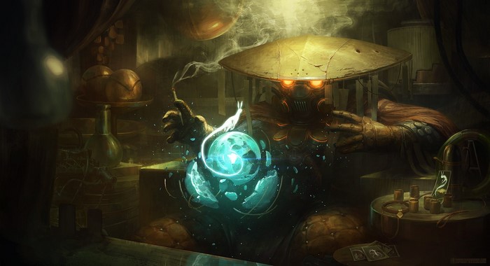 Steampunk alchemist with glowing orb and smoking pipe