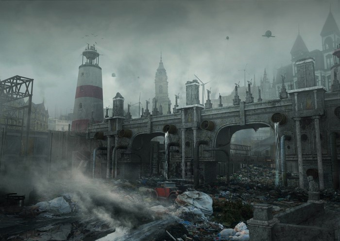 Apocalyptic urban landscape with lighthouse and bridge