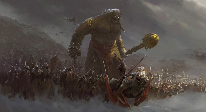 Fantasy art of a giant leading an army