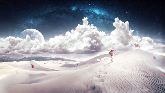 Fantasy desert landscape with a girl holding an umbrella