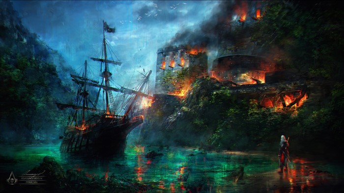Edward Kenway from Assassin's Creed IV: Black Flag attacking a fort