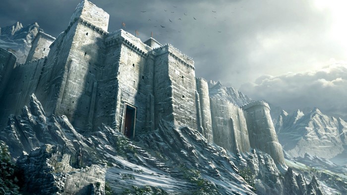 Fantasy castle on a snowy mountain