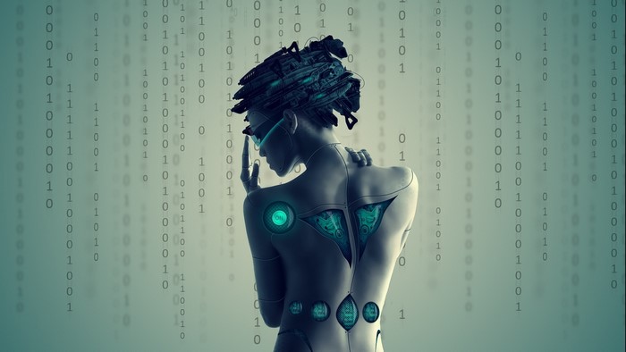 Cyborg woman with binary code background