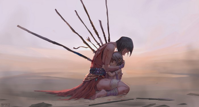 Wounded warrior embracing a child in a desert