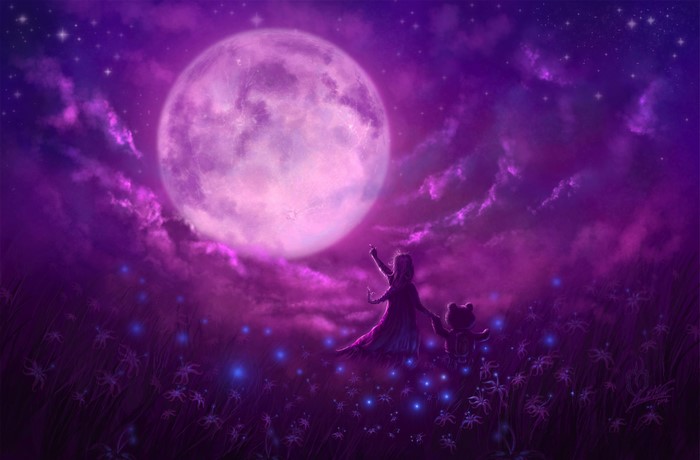 Girl and Teddy Bear Under a Glowing Full Moon