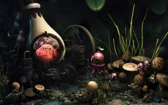 Steampunk underwater robot with pink creature