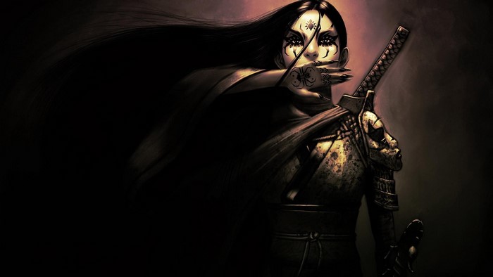 Samurai woman with sword and spider markings