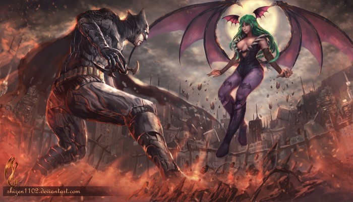 Batman vs Morrigan from Darkstalkers fantasy art