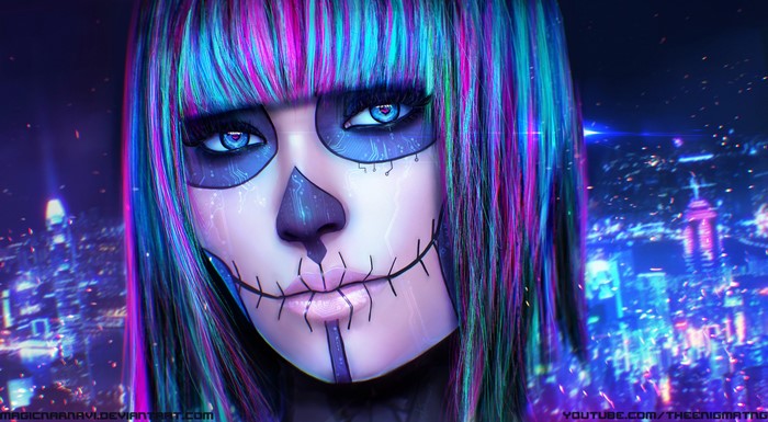 Woman with Day of the Dead makeup and colorful hair