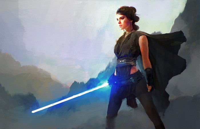Rey from Star Wars with a blue lightsaber