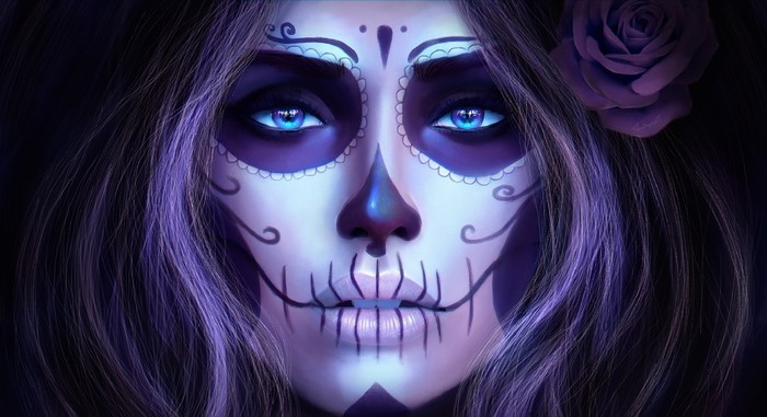 Woman with sugar skull face paint and purple rose