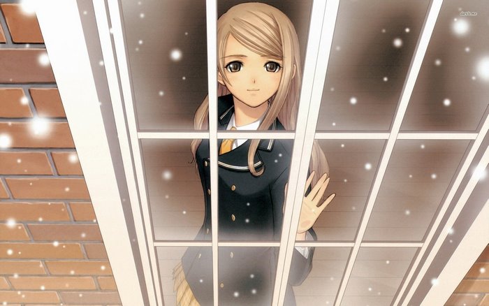 Anime girl with blonde hair looking through a window