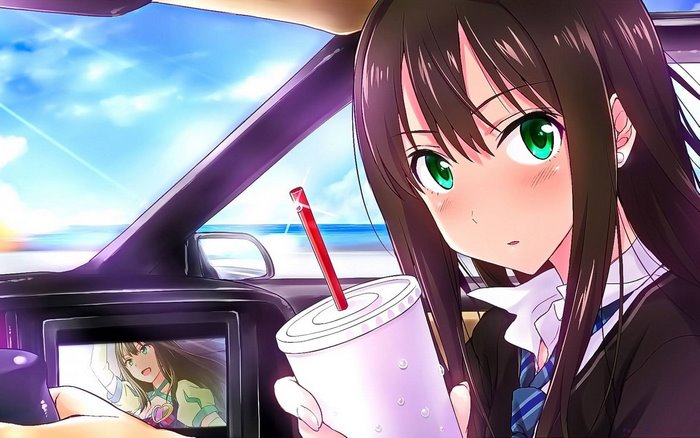 Anime girl with green eyes holding a drink in a car