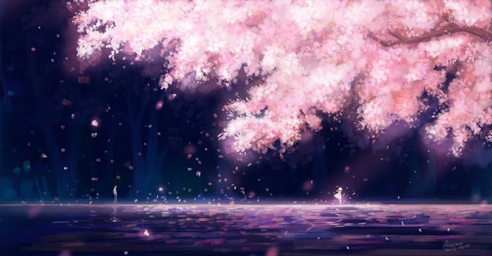 Anime girls under cherry blossom trees