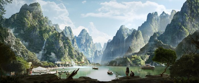 Misty mountains with waterfalls and a lake