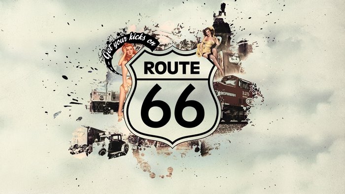 Route 66 sign with pin-up girls and vintage vehicles
