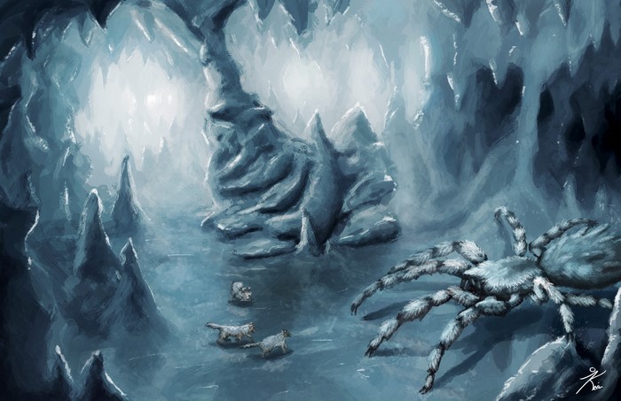 Giant spider and wolves in an icy cave