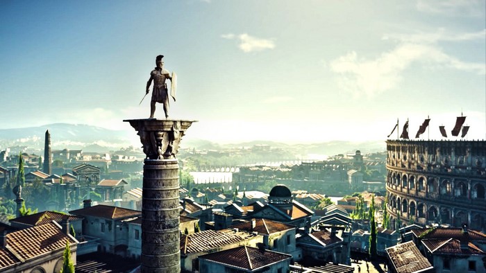 Roman soldier statue overlooking ancient city