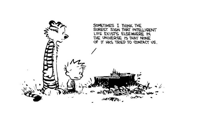 Calvin and Hobbes discuss intelligent life