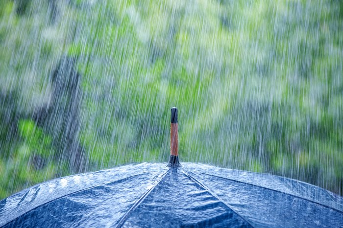 Rain falling on a dark umbrella