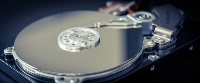 Close-up of an open hard disk drive