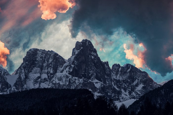 Snow-capped mountains in Vigo di Fassa, Italy at sunset