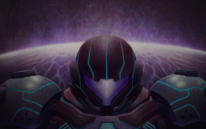 Samus Aran from Metroid in a purple galaxy