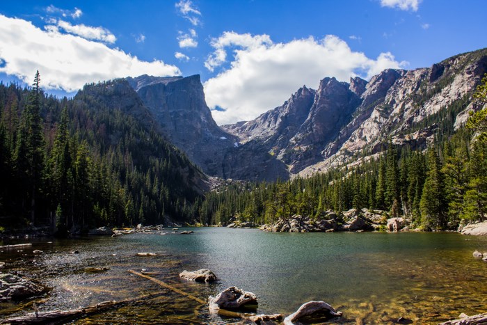 Rocky Mountain Lake with Evergreen Forest and Peaks