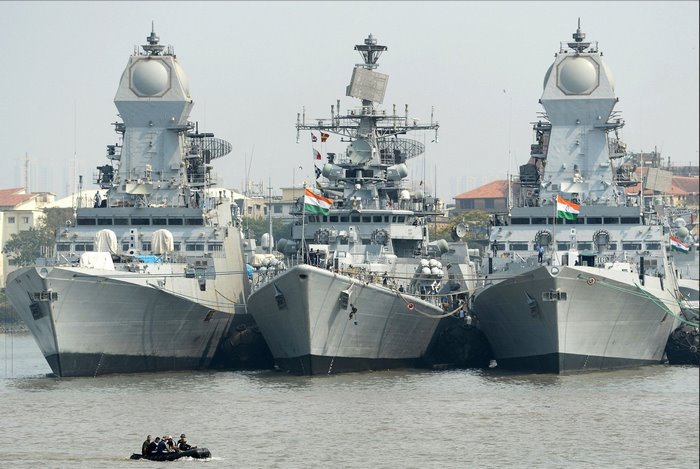 Kolkata-class guided-missile destroyers docked at port