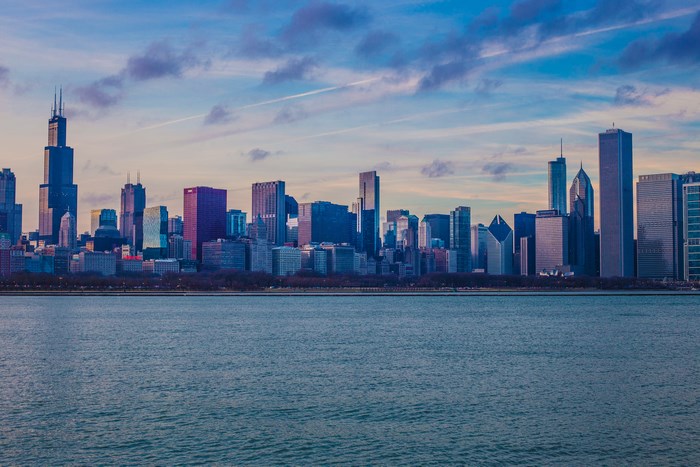Chicago cityscape with skyscrapers and Lake Michigan at dusk