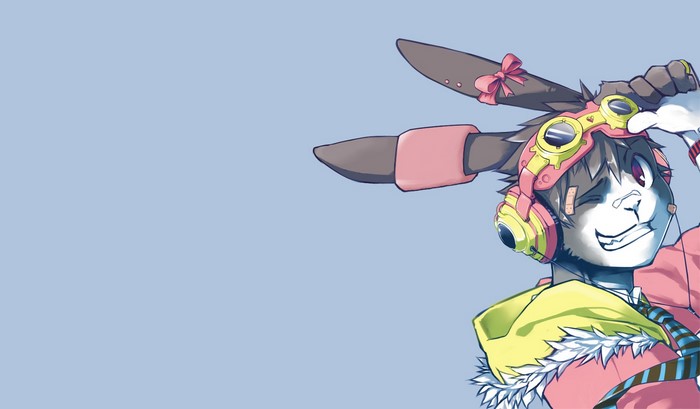 Anthropomorphic rabbit character with headphones and goggles