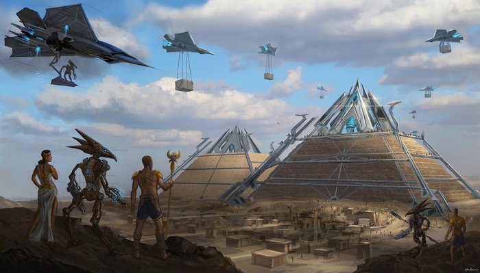 Futuristic Egyptian Pyramids with Flying UFOs and Robots