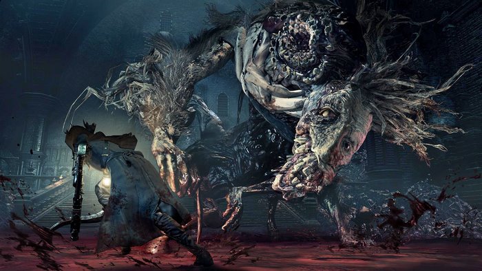 Hunter fighting a large monster in Bloodborne