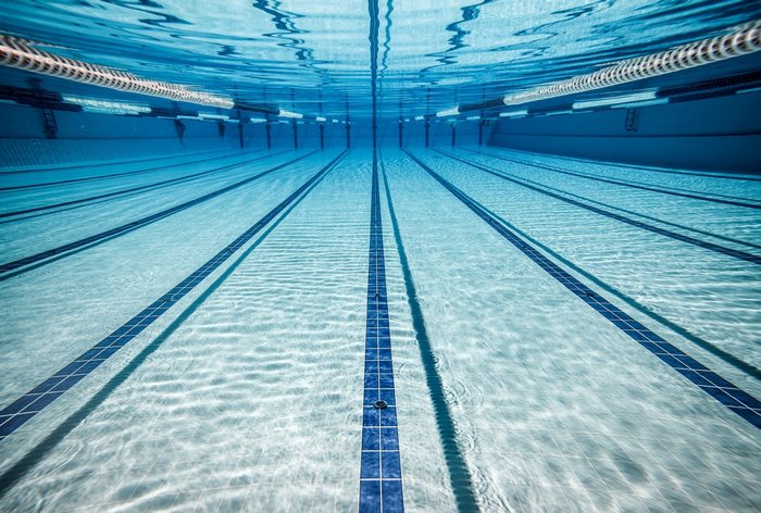 Underwater view of a swimming pool with lanes