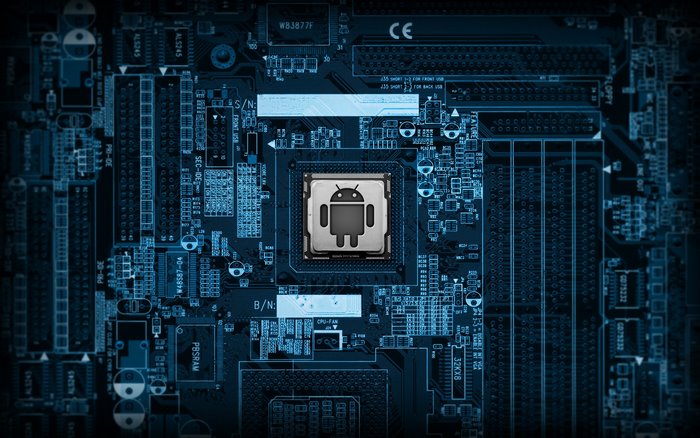 Android logo on a computer motherboard