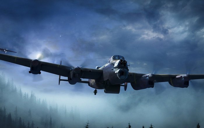 Avro Lancaster bomber flying over a forest