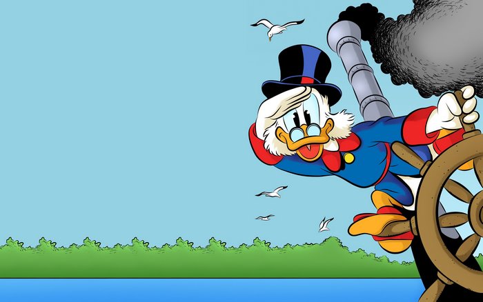 Scrooge McDuck from Disney steering a ship