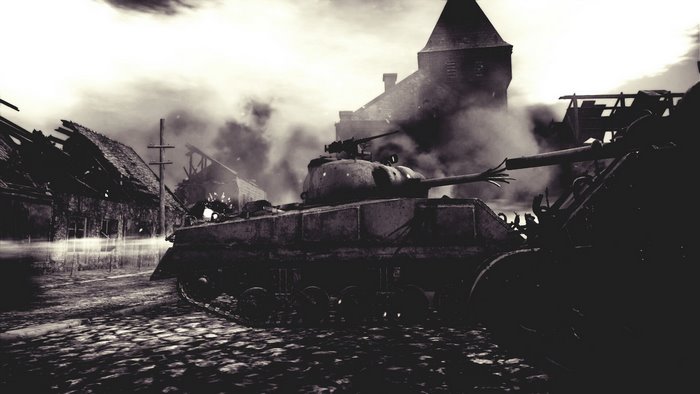 M4 Sherman tank in a destroyed town