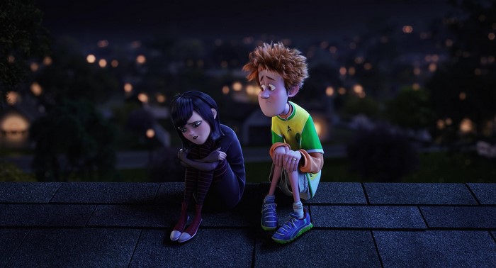 Mavis and Johnny from Hotel Transylvania sitting on a roof