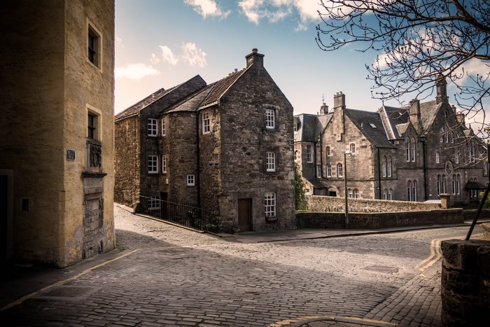 Dean's Village, Edinburgh: Old Stone Buildings and Cobblestone Street
