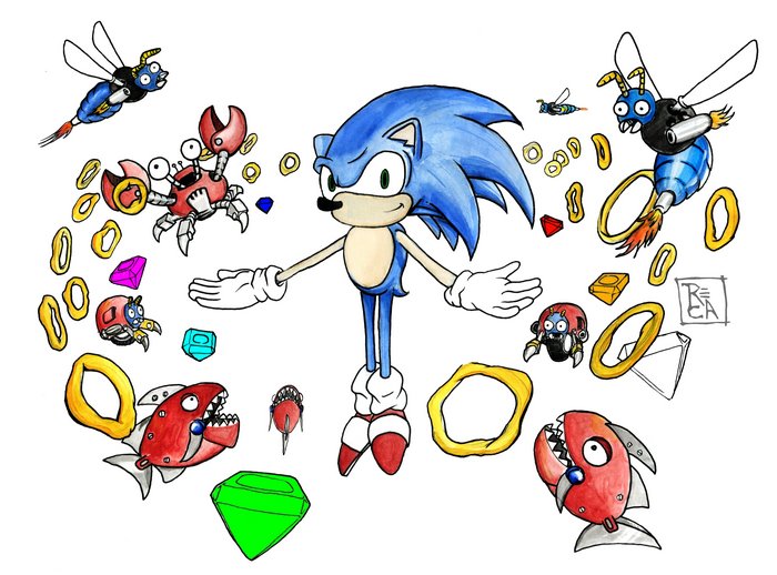 Sonic the Hedgehog with Badniks and Chaos Emeralds