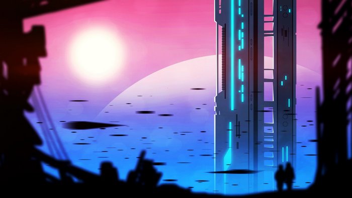 Futuristic cityscape at sunset with tall buildings
