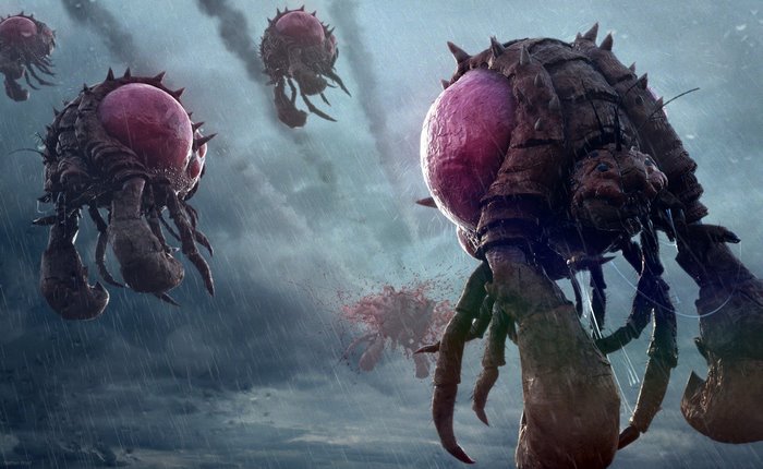 Zerg Overlords from StarCraft II in a stormy sky