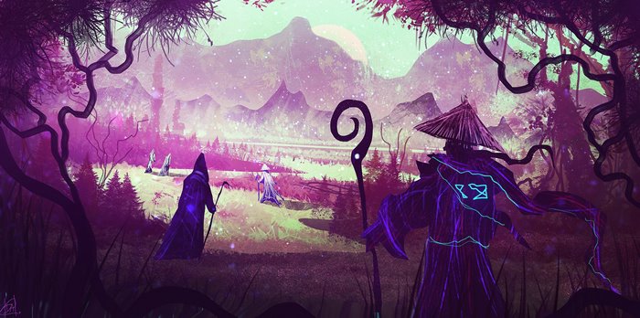 Pilgrims in a fantasy landscape with mountains
