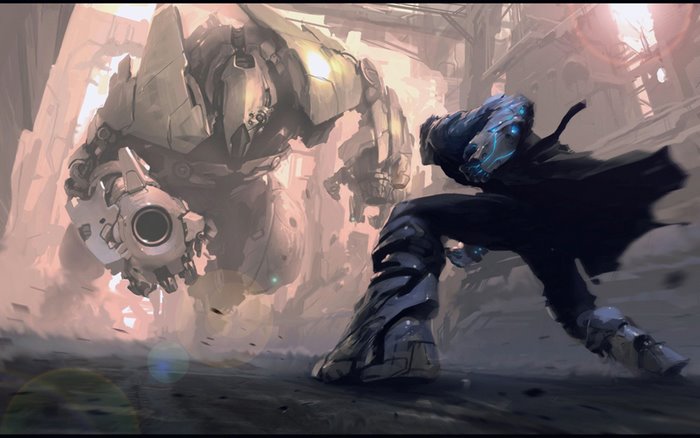 Cyberpunk illustration of a man fighting a robot