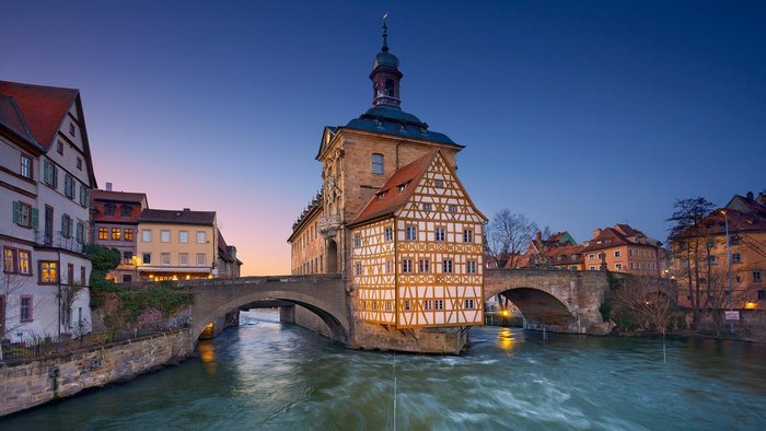 Altes Rathaus in Bamberg, Germany at dusk