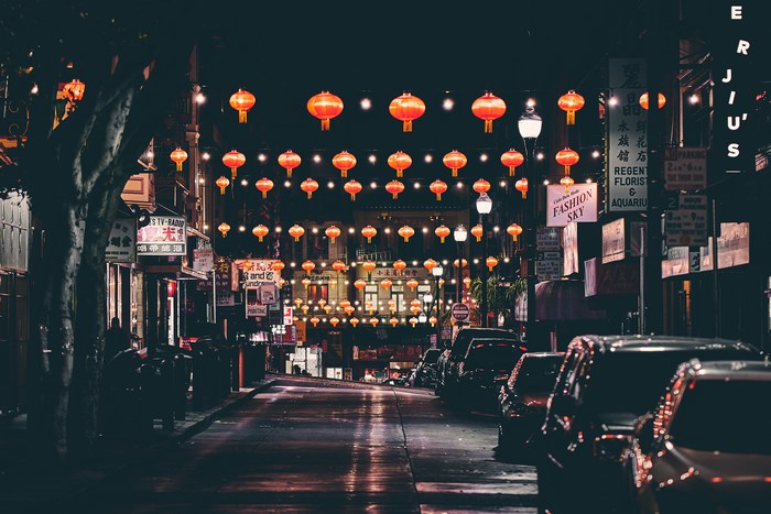 Nighttime Street in San Francisco's Chinatown with Lanterns